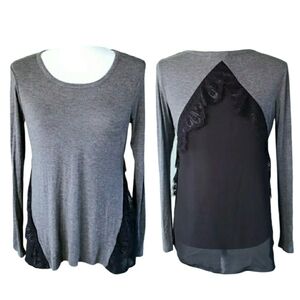 Pebble and Stone Black & Gray Sheer Back Long Sleeve Ruffle Trim Blouse Size S